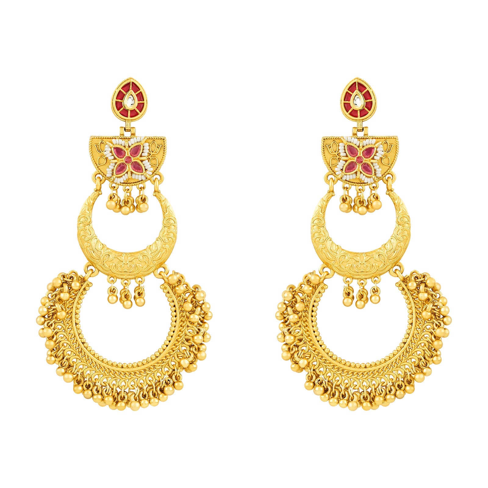 Teejh Aarzaa Gold Ghungroo Red Stone Chandbali