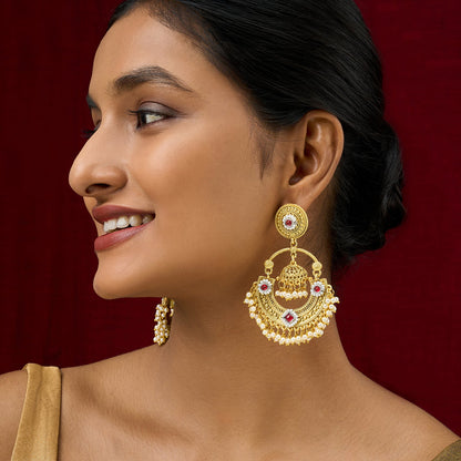 Teejh Dharal Red Stone Gold Chandbali