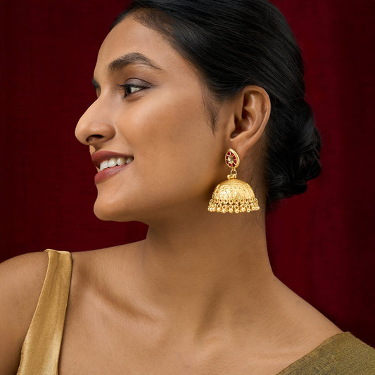 Teejh Durva Gold and Red Ghungroo Jhumkas