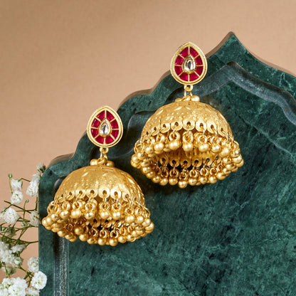 Teejh Durva Gold and Red Ghungroo Jhumkas