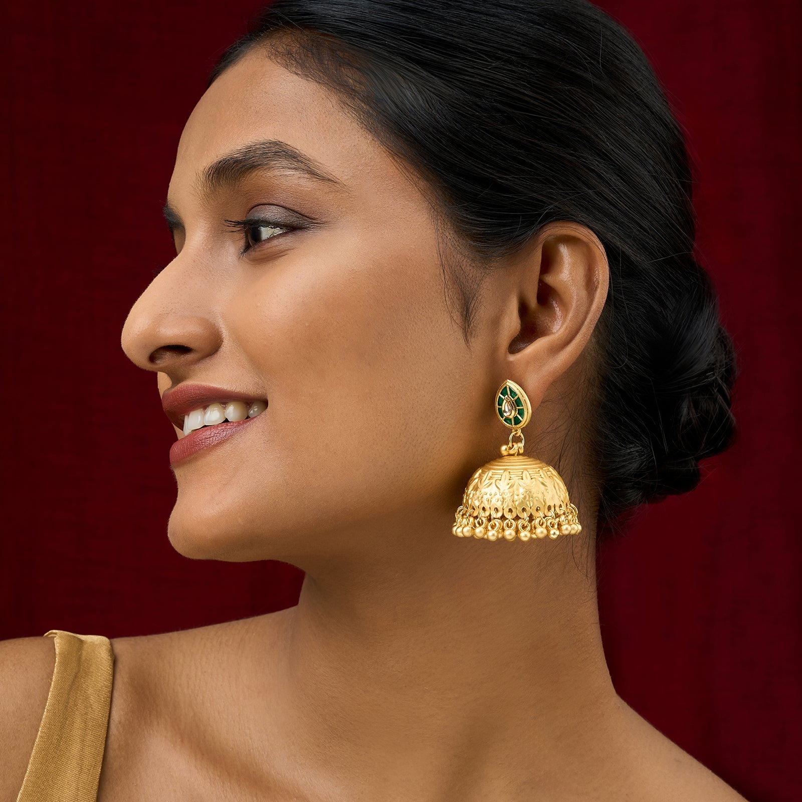 Teejh Durva Gold and Green Ghungroo Jhumkas