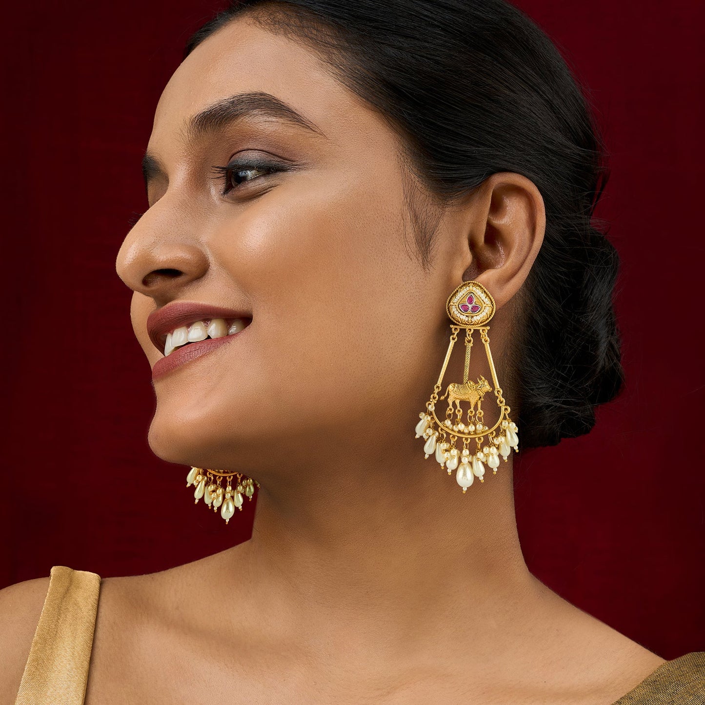 Teejh Bhuv Gold and Red Pearls Danglers