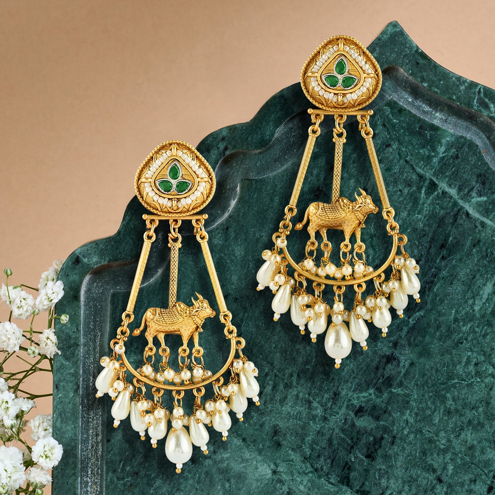 Teejh Bhuv Gold and Green Pearls Danglers