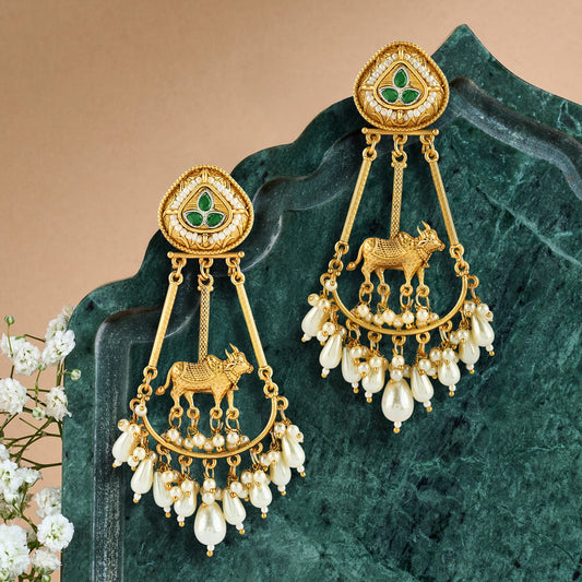 Teejh Bhuv Gold and Green Pearls Danglers