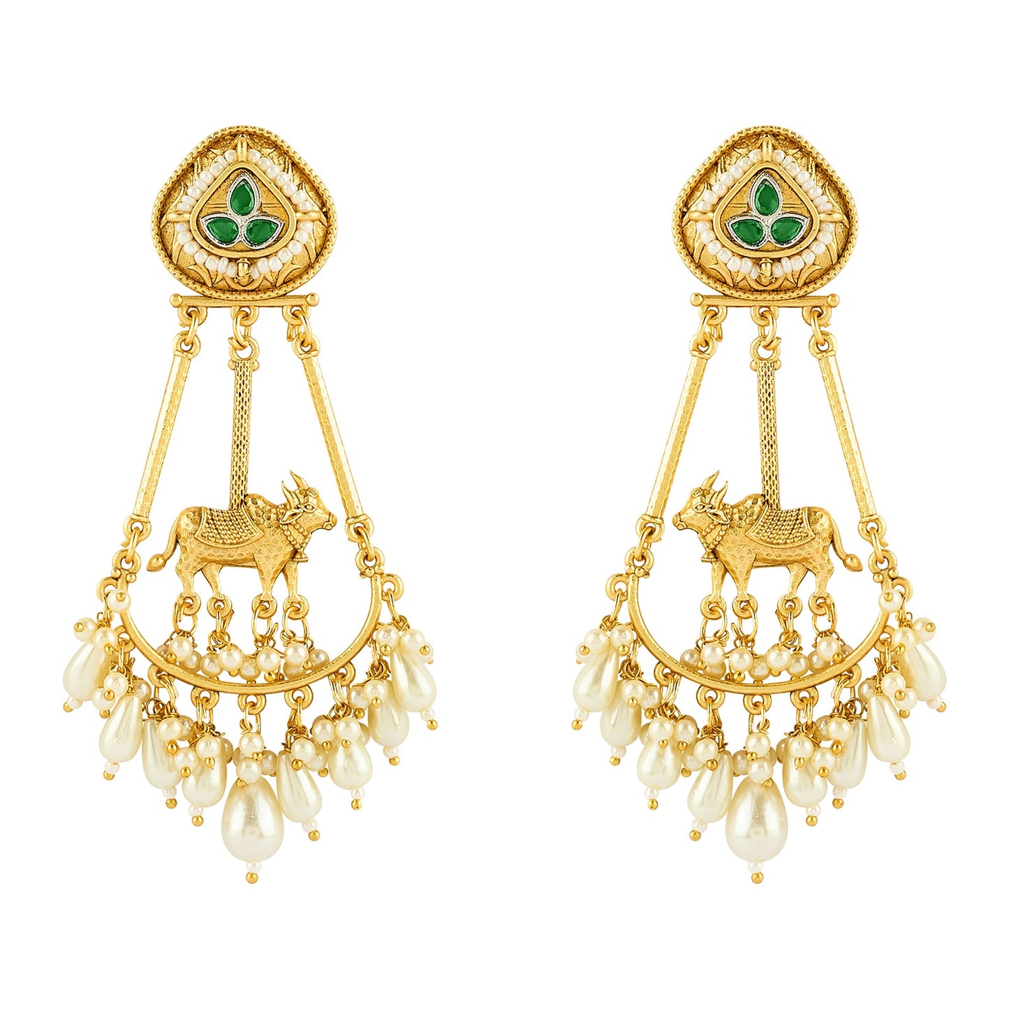Teejh Bhuv Gold and Green Pearls Danglers