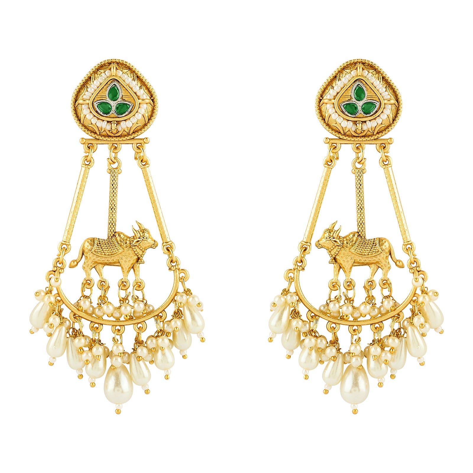 Teejh Bhuv Gold and Green Pearls Danglers