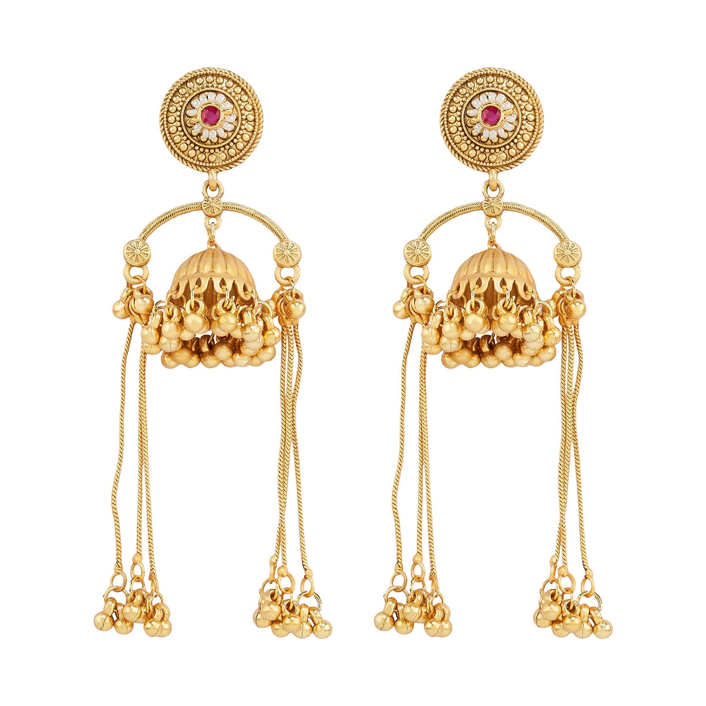 Teejh Dohra Gold and Red Ghungroo Jhumkas