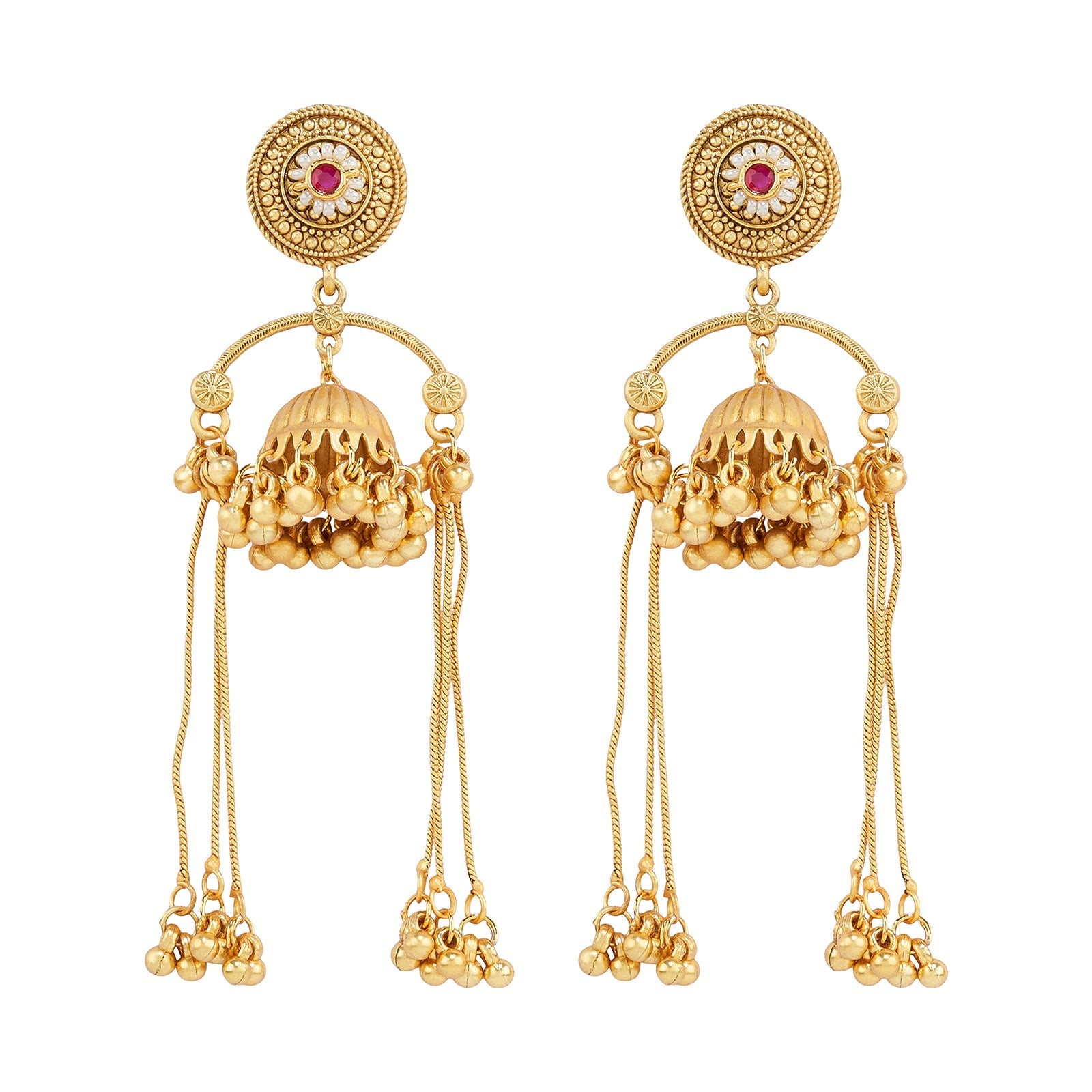 Teejh Dohra Gold and Red Ghungroo Jhumkas
