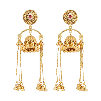 Teejh Dohra Gold and Red Ghungroo Jhumkas