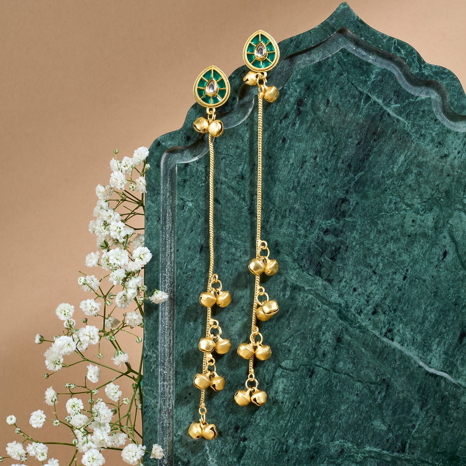 Teejh Kashni Green and Gold Ghungroo Danglers