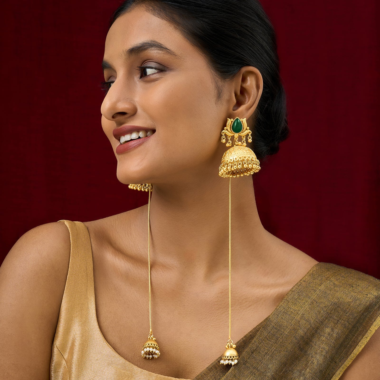 Teejh Gulis Gold and Green Ghungroo Jhumkas