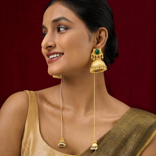 Teejh Gulis Gold and Green Ghungroo Jhumkas