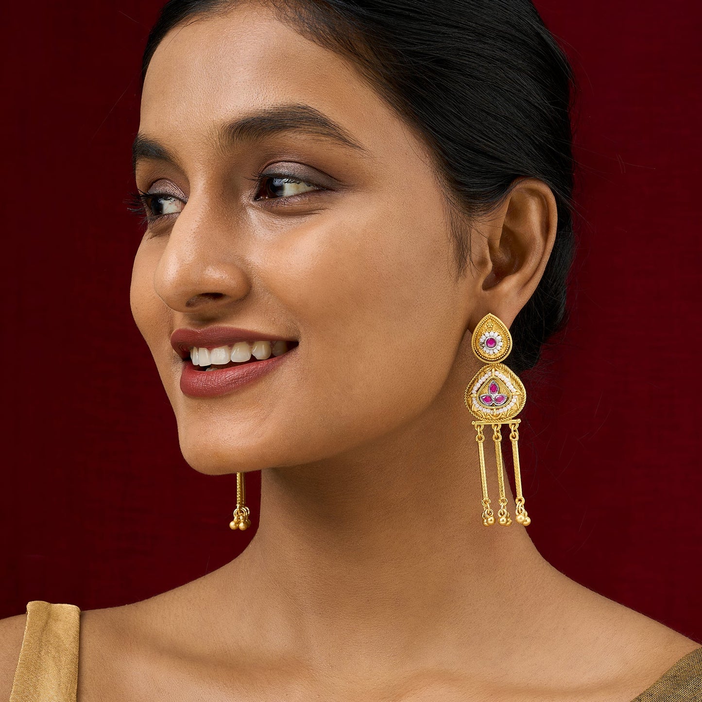 Teejh Amara Gold Red Stone Danglers