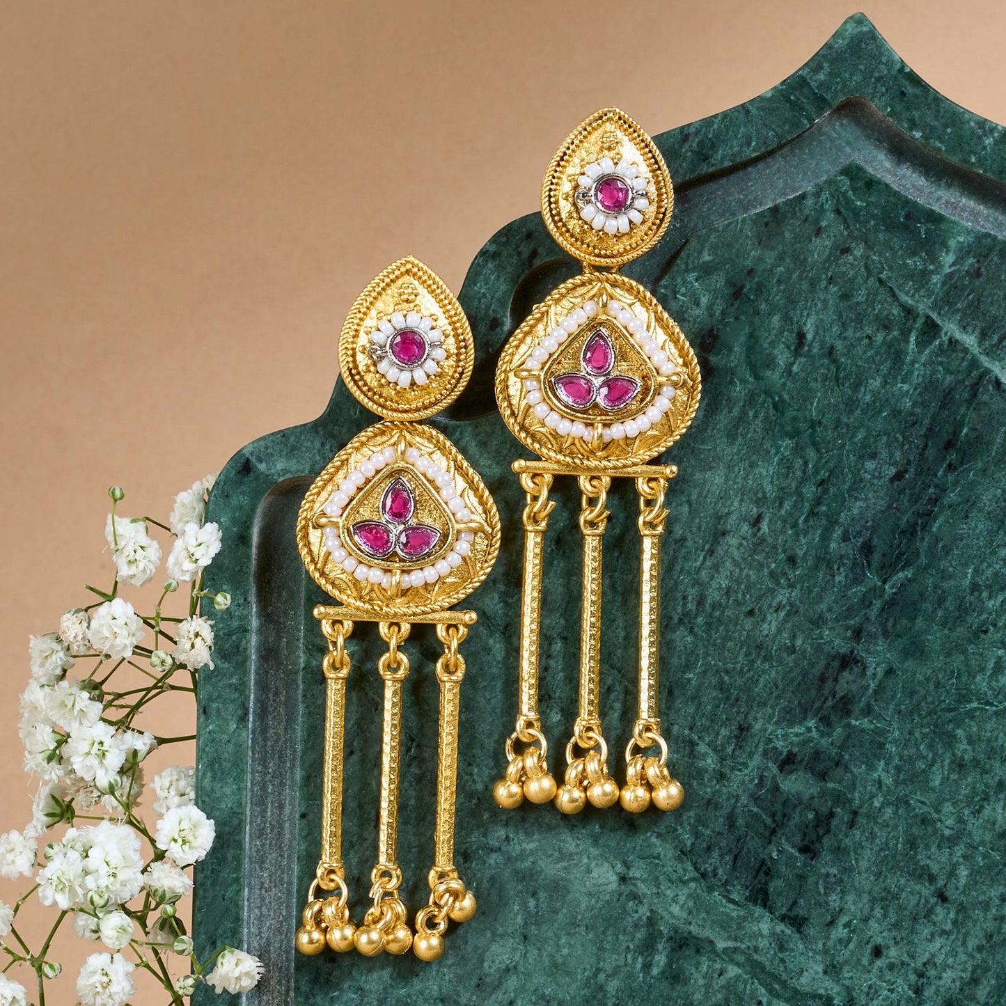 Teejh Amara Gold Red Stone Danglers