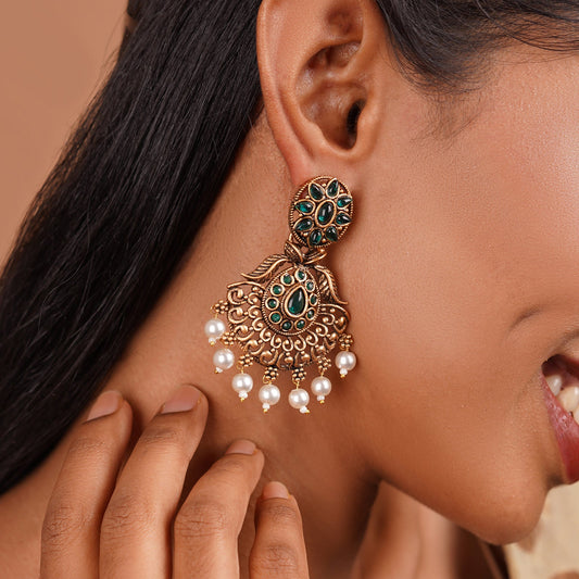 Teejh Vikasini Dark Green Gold Enamel Earrings
