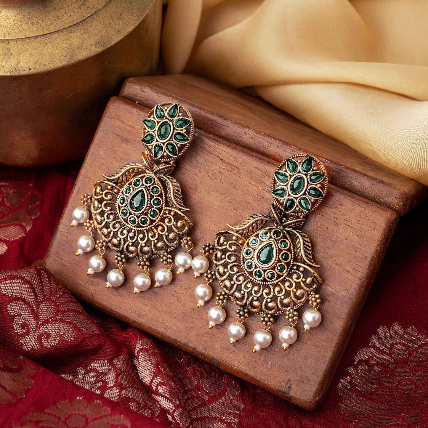 Teejh Vikasini Dark Green Gold Enamel Earrings