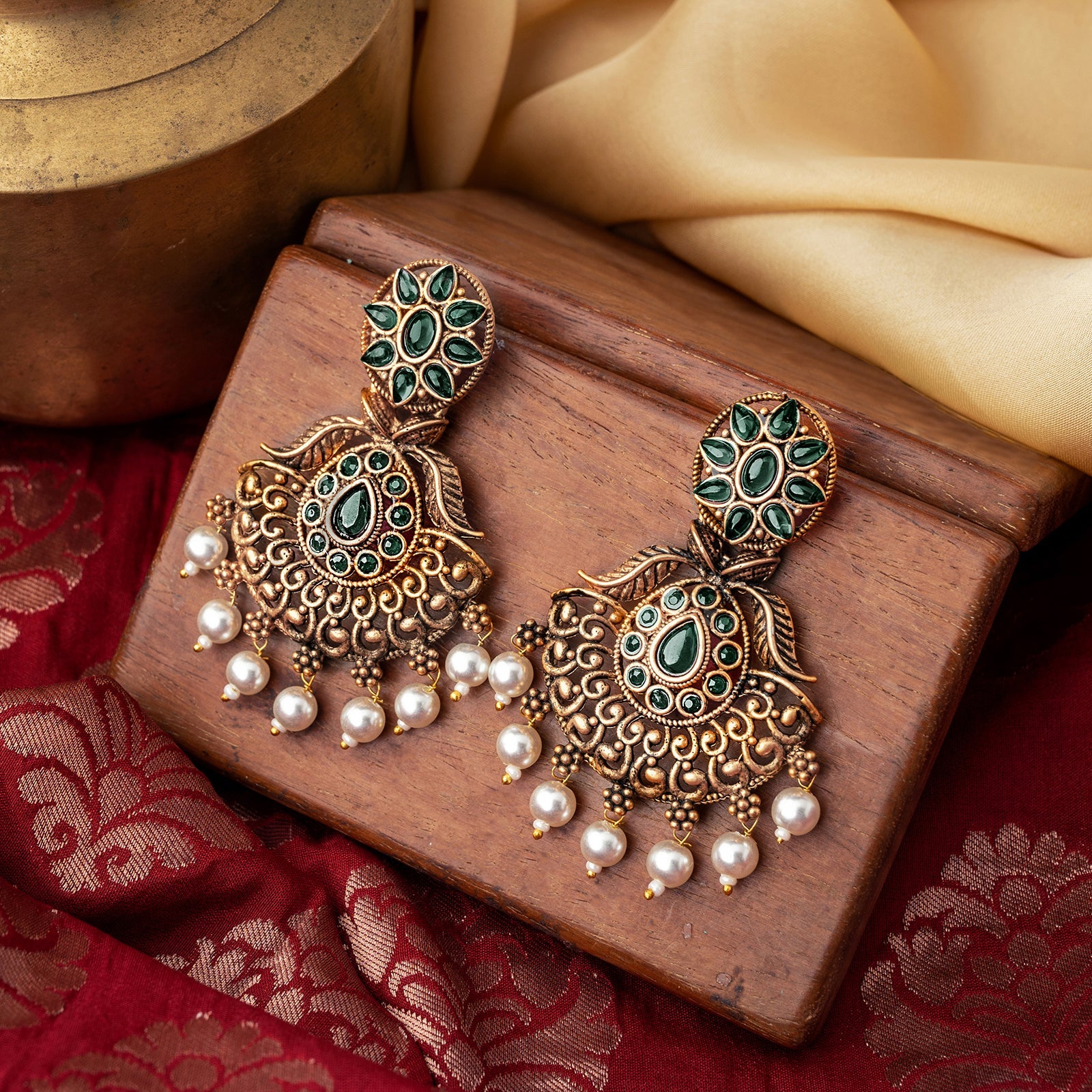 Teejh Vikasini Dark Green Gold Enamel Earrings