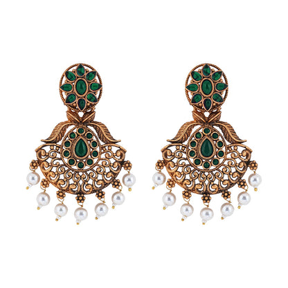 Teejh Vikasini Dark Green Gold Enamel Earrings
