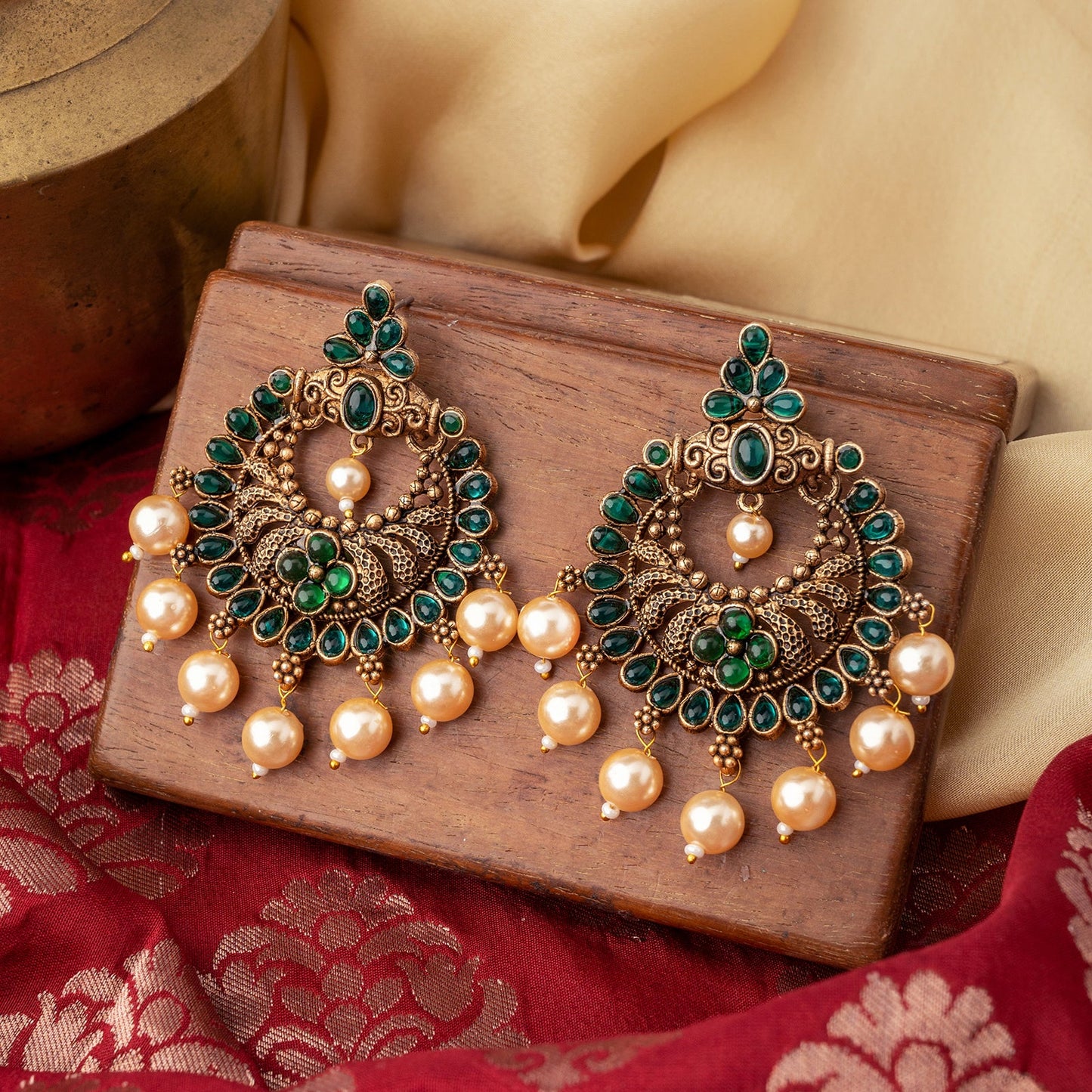 Teejh Hanseeka Dark Green Gold Enamel Earring