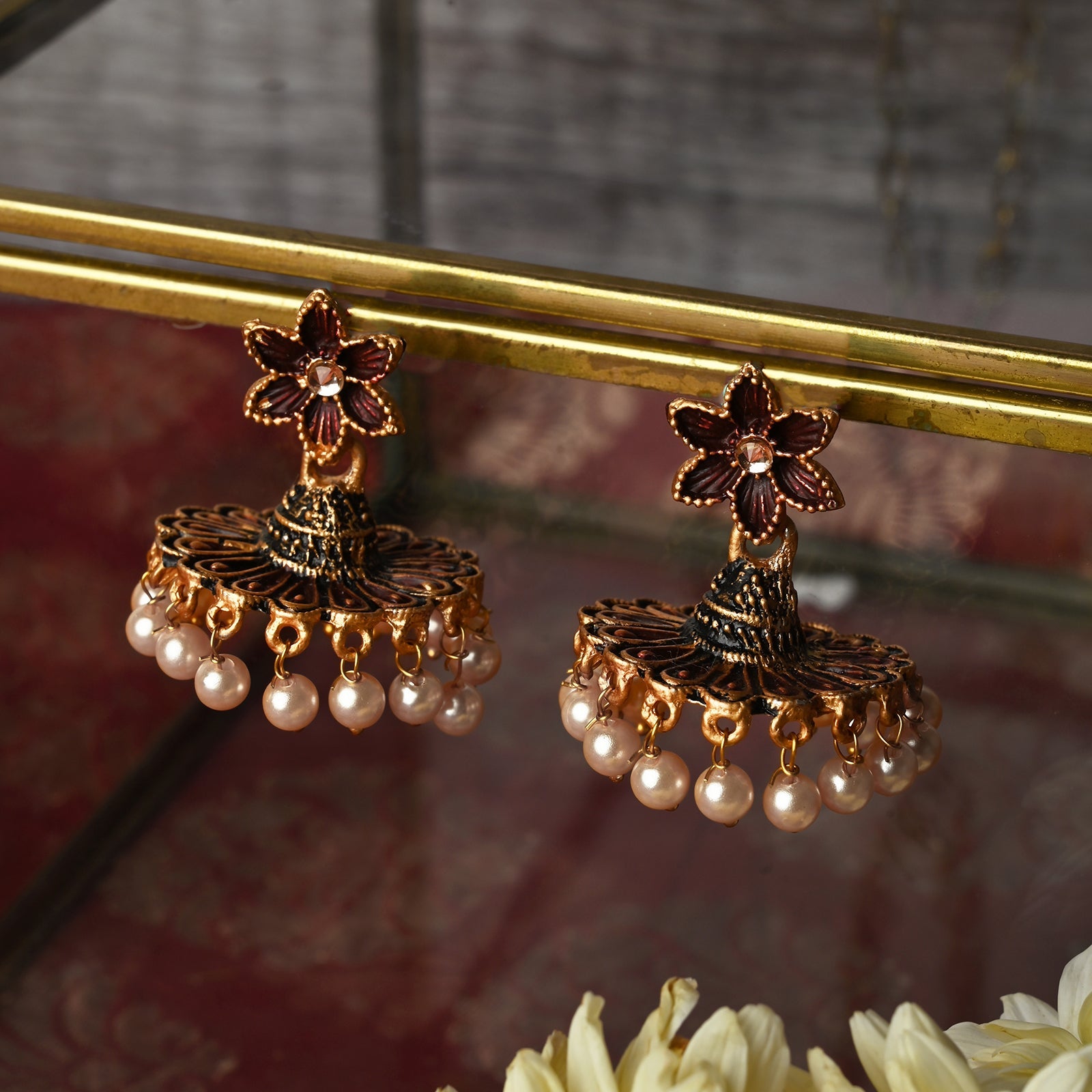 Teejh Arika Maroon and Black Gold Enamel Earrings