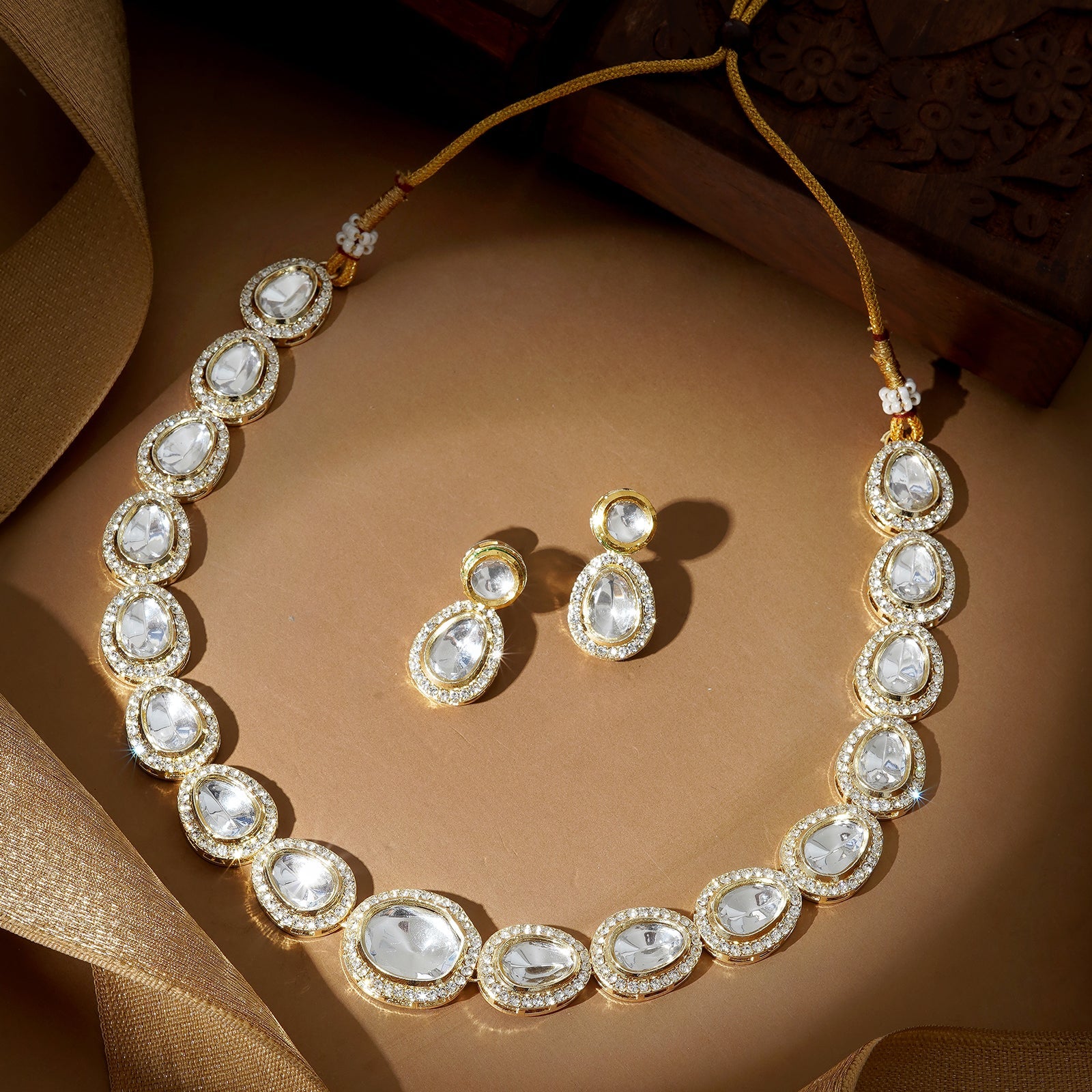 Teejh Heer Light Gold Uncut Stone Necklace Set