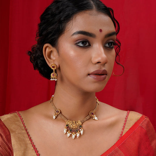 Teejh Dharma Gold Red And Green Necklace Set