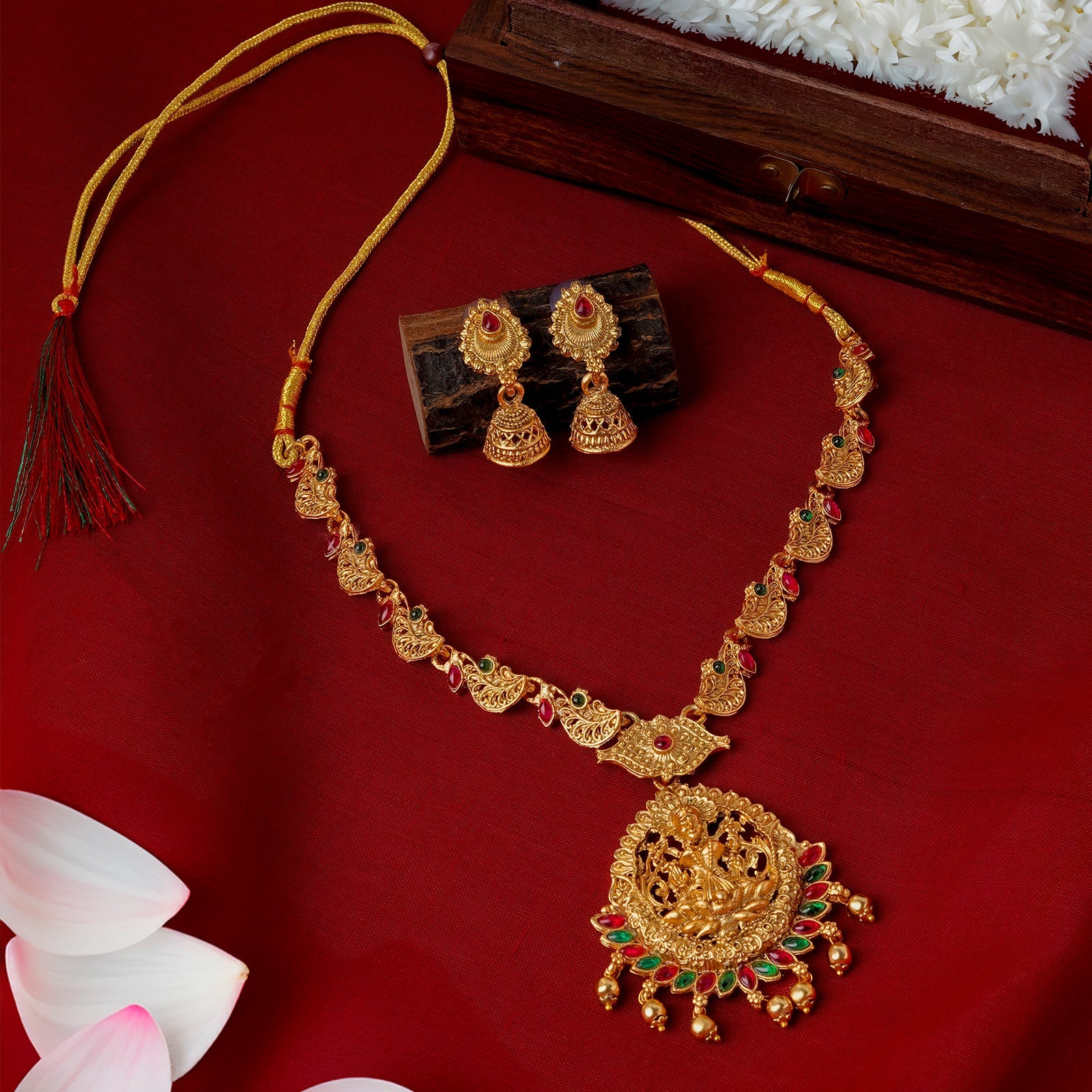 Teejh Karthika Gold Red And Green Layered Necklace Set