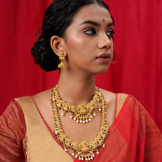 Teejh Kavitha Gold Red And Green Layered Necklace Set