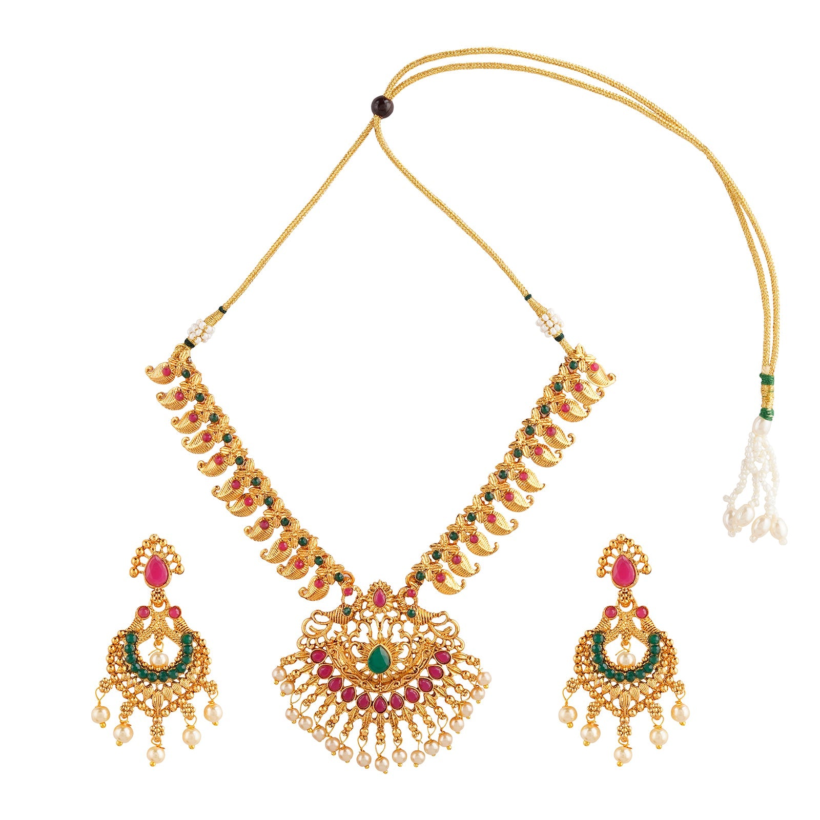 Teejh Meghana Gold Red And Green Necklace Set