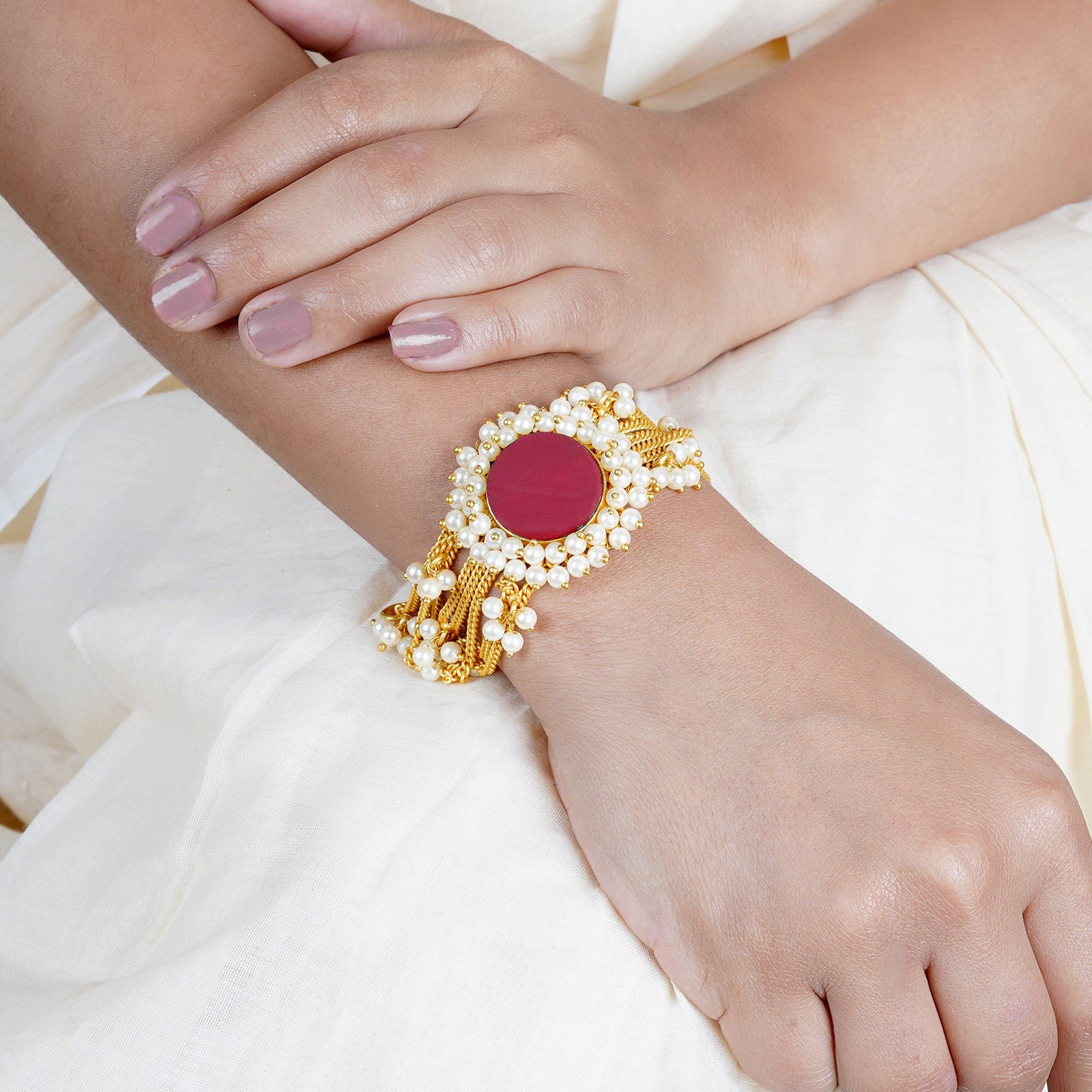 Teejh Eiravathi red Studded layered chain pearl bracelet