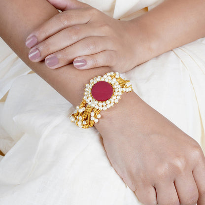 Teejh Eiravathi red Studded layered chain pearl bracelet