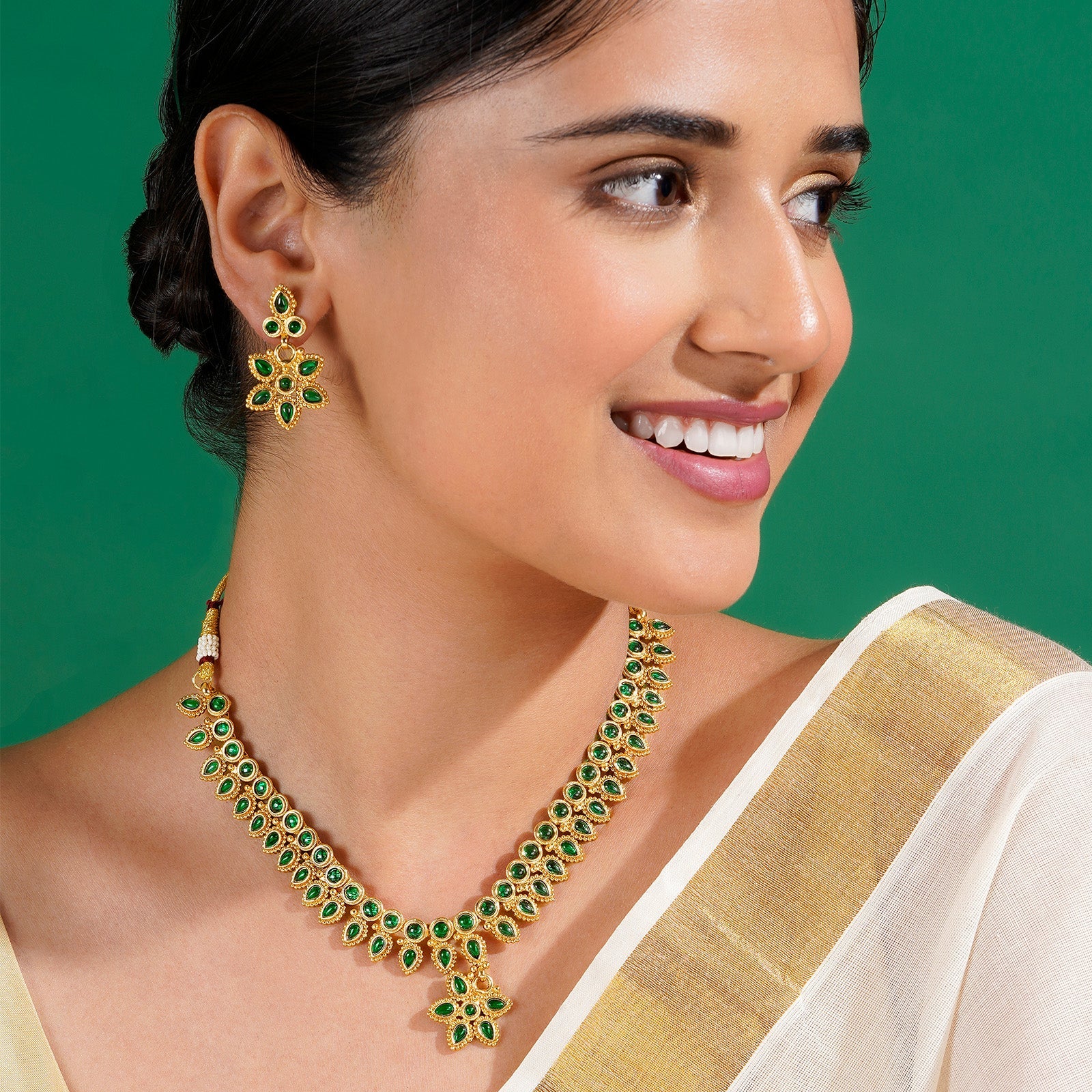 Teejh Tanrika Green Gold Necklace Set