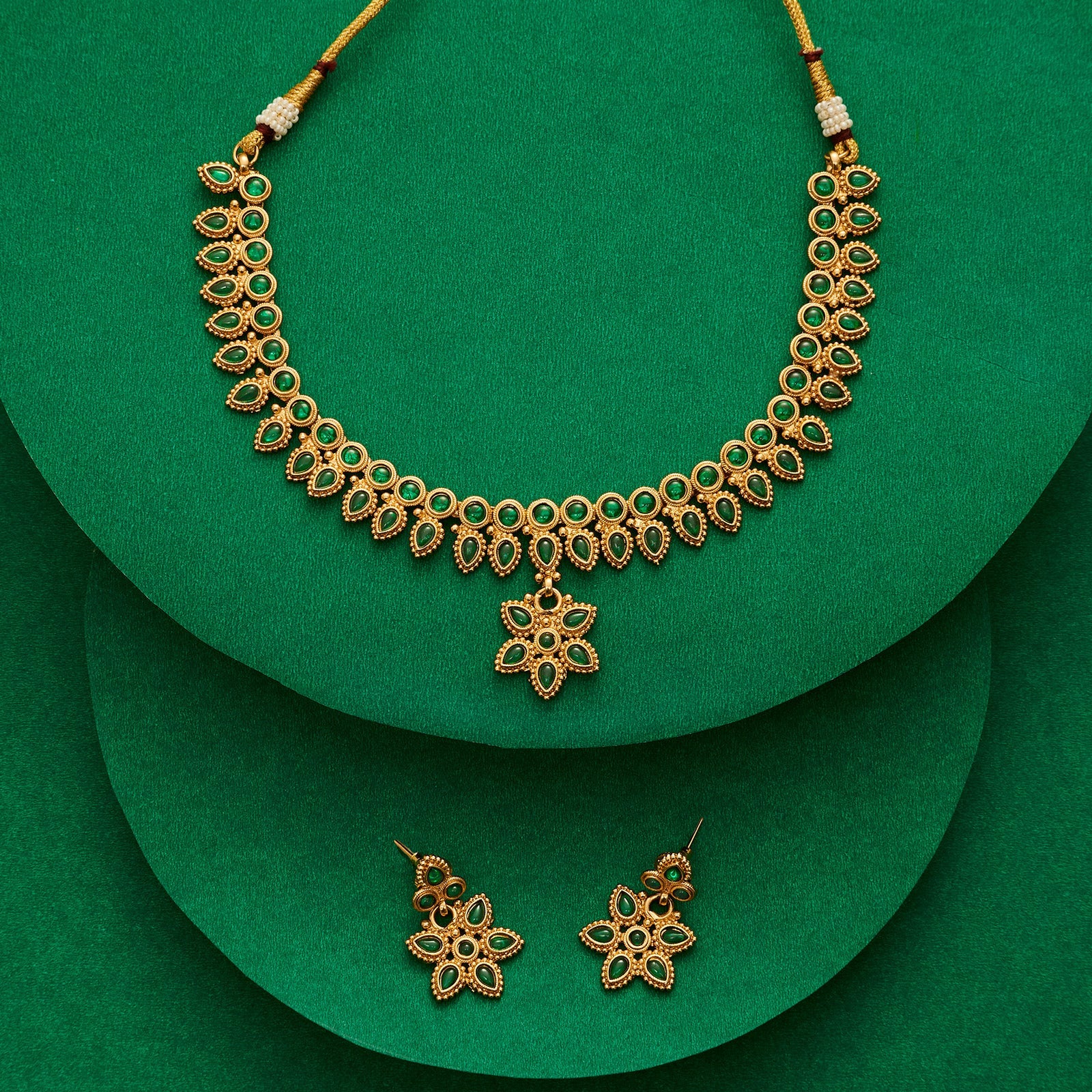 Teejh Tanrika Green Gold Necklace Set