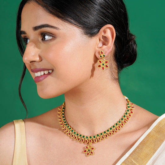 Teejh Vyoma Red and Green Ruby Gold Necklace Set