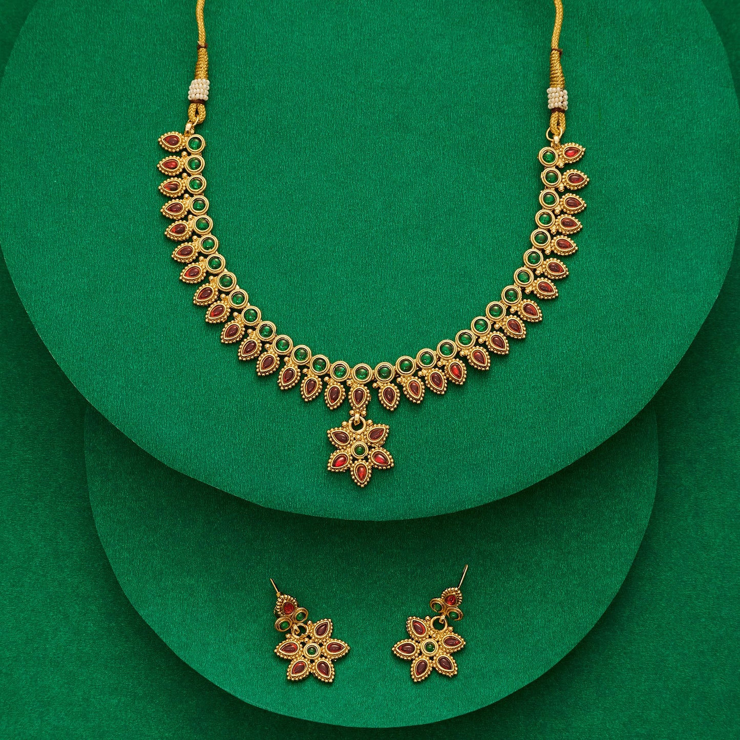 Teejh Vyoma Red and Green Ruby Gold Necklace Set