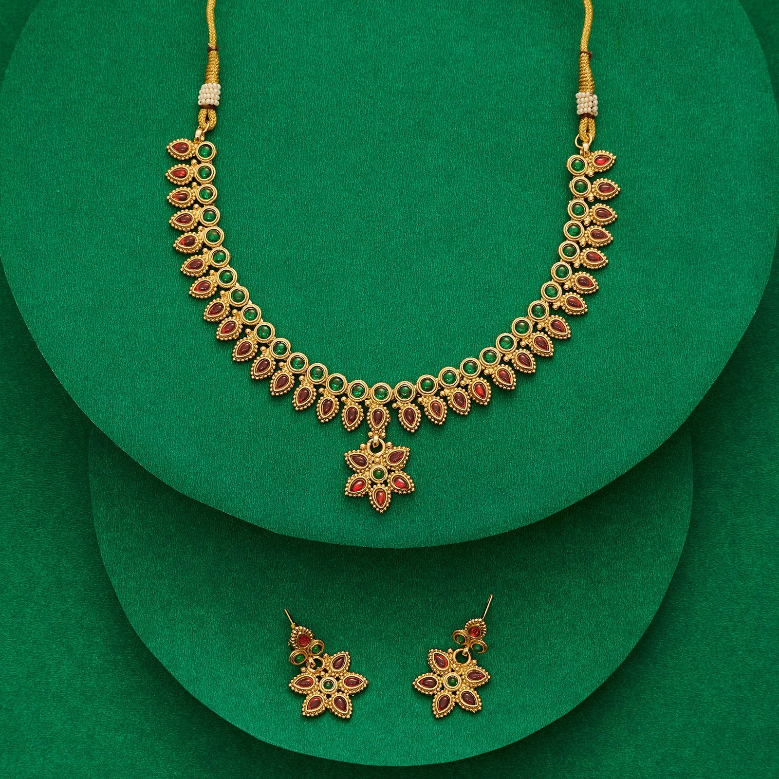 Teejh Vyoma Red and Green Ruby Gold Necklace Set