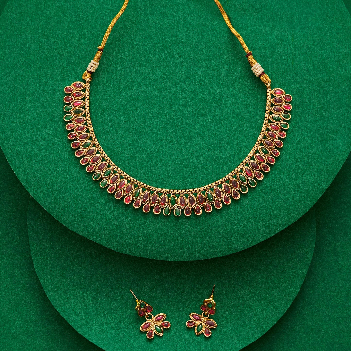 Teejh Hrishita Ruby and Green Gold Necklace Set