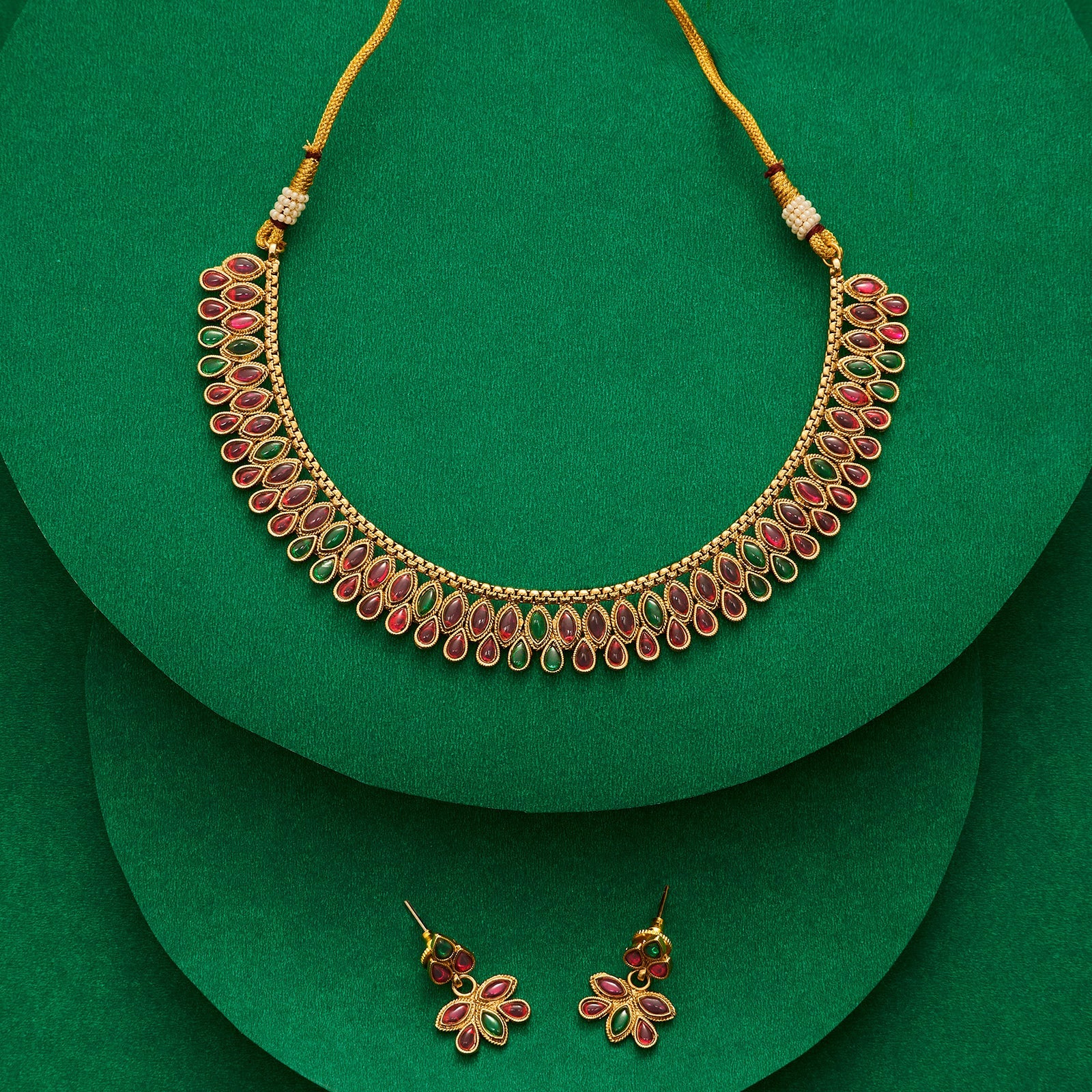 Teejh Hrishita Ruby and Green Gold Necklace Set