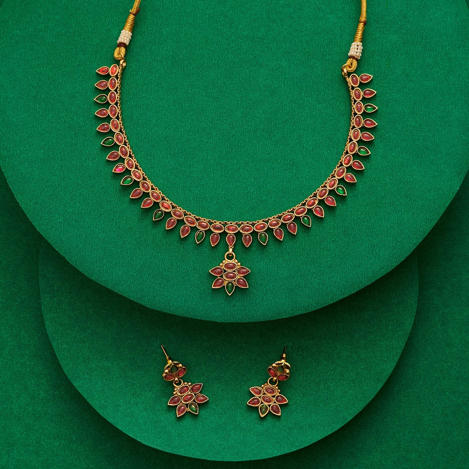 Teejh Yashasvi Red and Green Ruby Gold Necklace Set