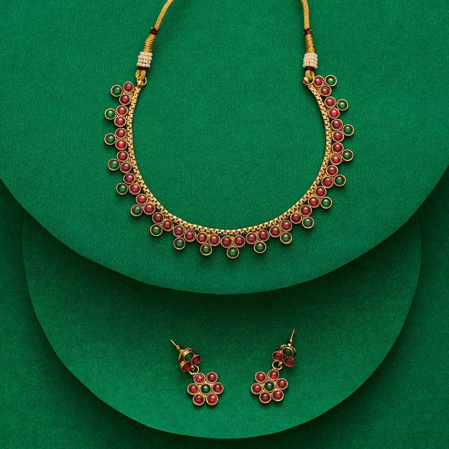 Teejh Anubha Red and Green Ruby Gold Necklace Set