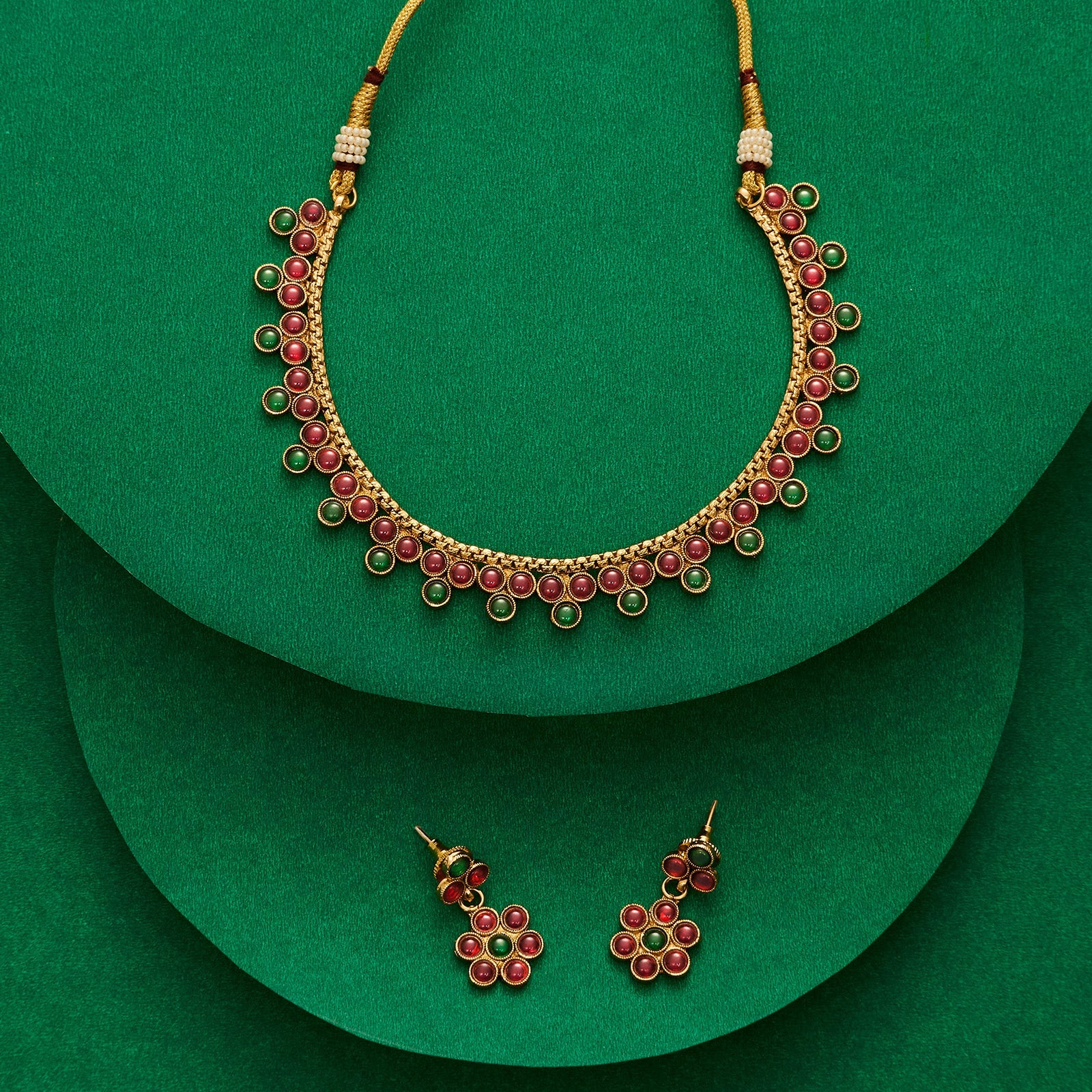 Teejh Anubha Red and Green Ruby Gold Necklace Set