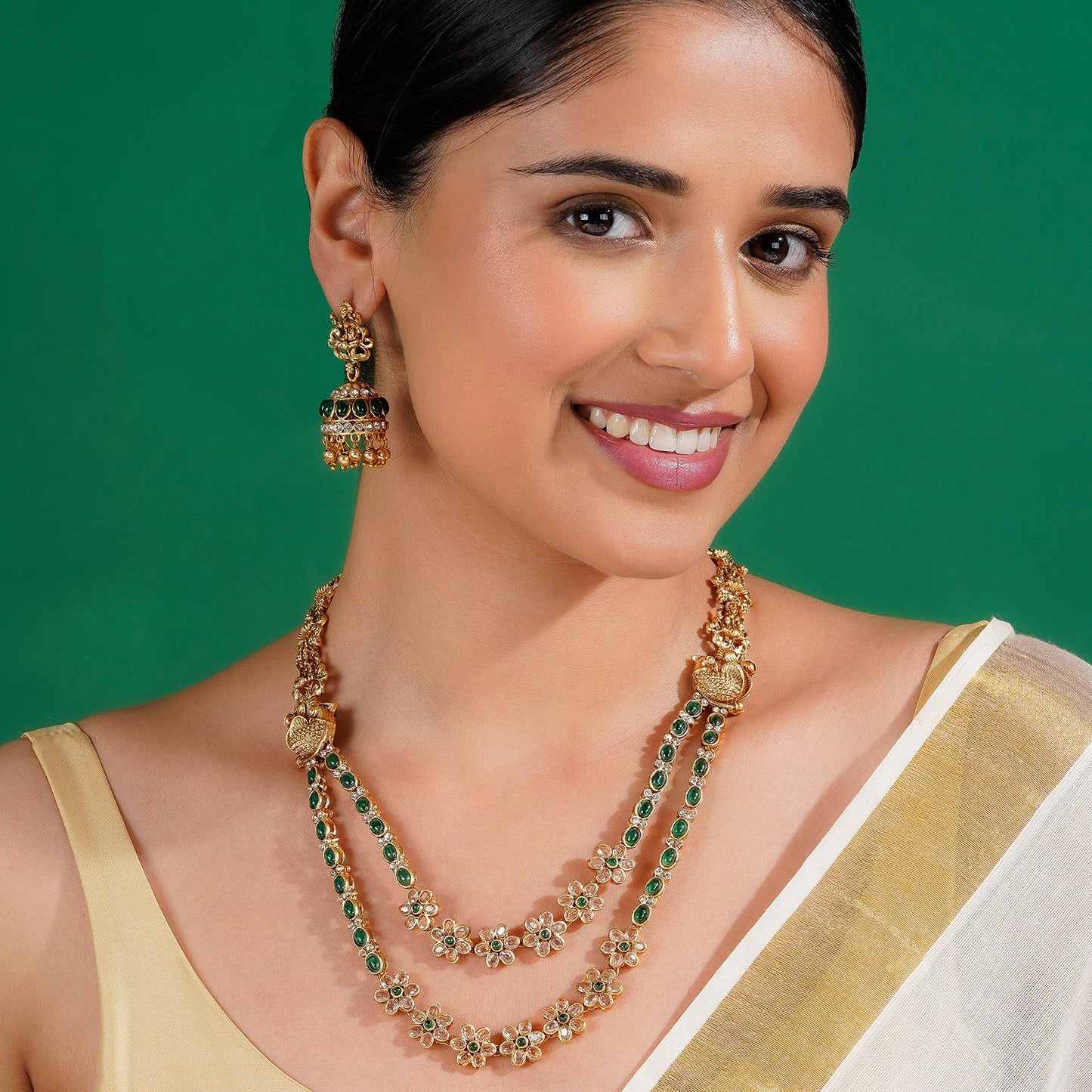 Teejh Chaitanya Gold Finish Green Necklace Set
