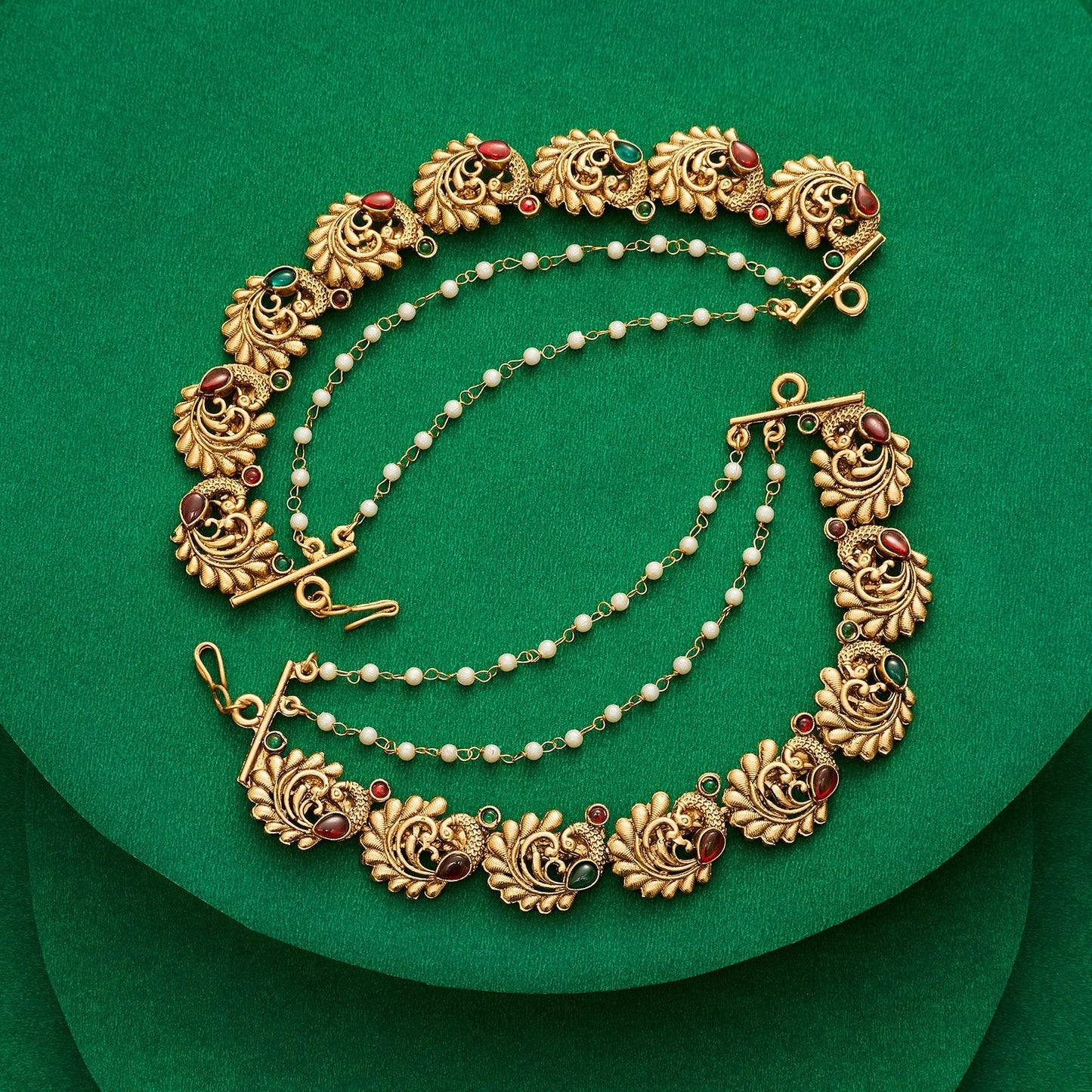 Teejh Chitrakala Gold Finish Red & Green Kan Chain