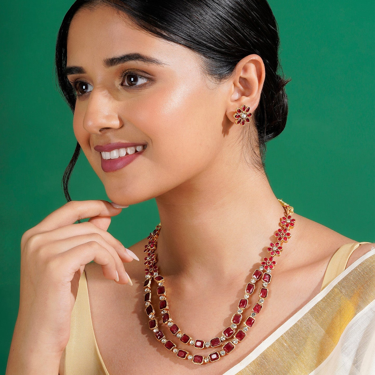 Teejh Ishanya Gold Finish Red Necklace Set