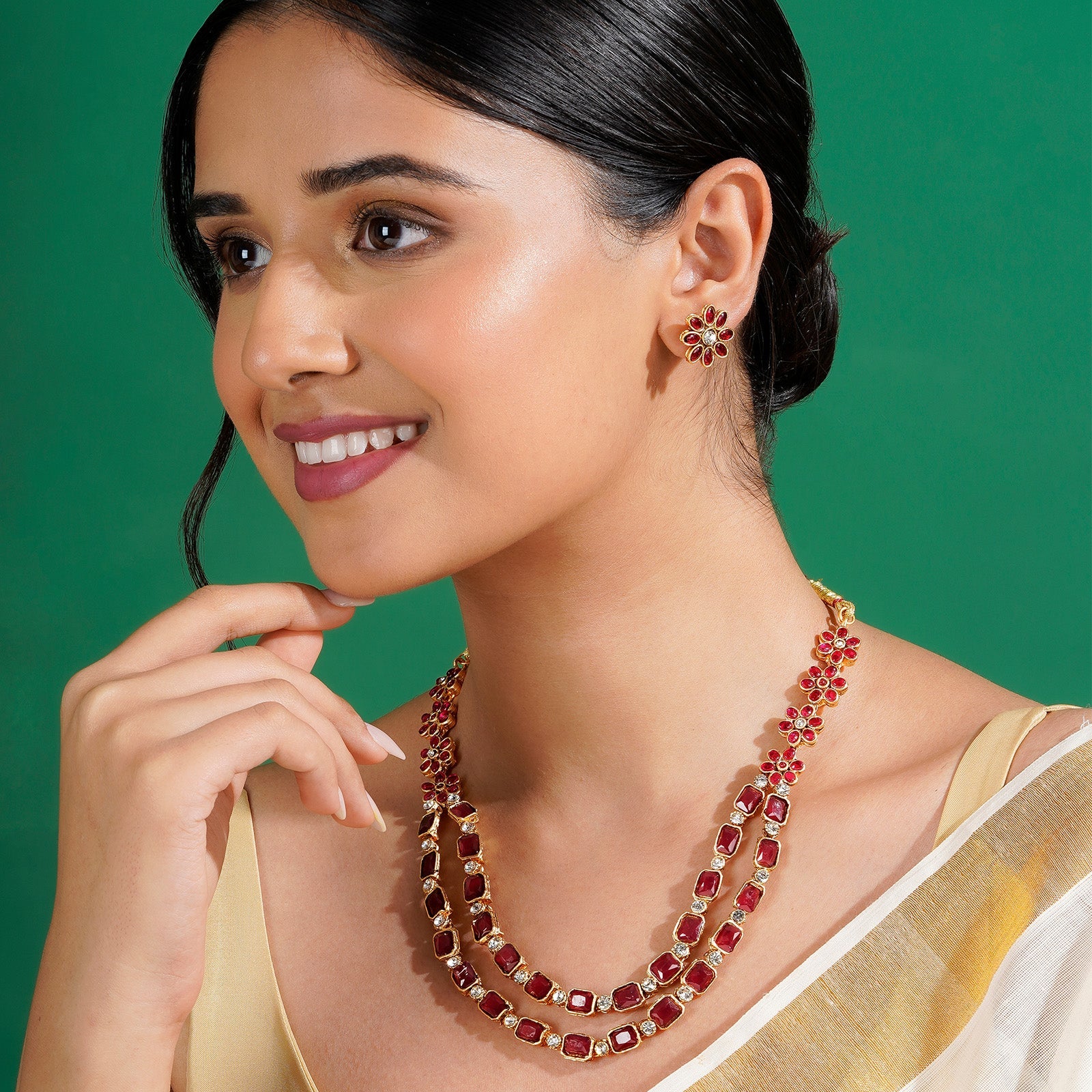 Teejh Ishanya Gold Finish Red Necklace Set