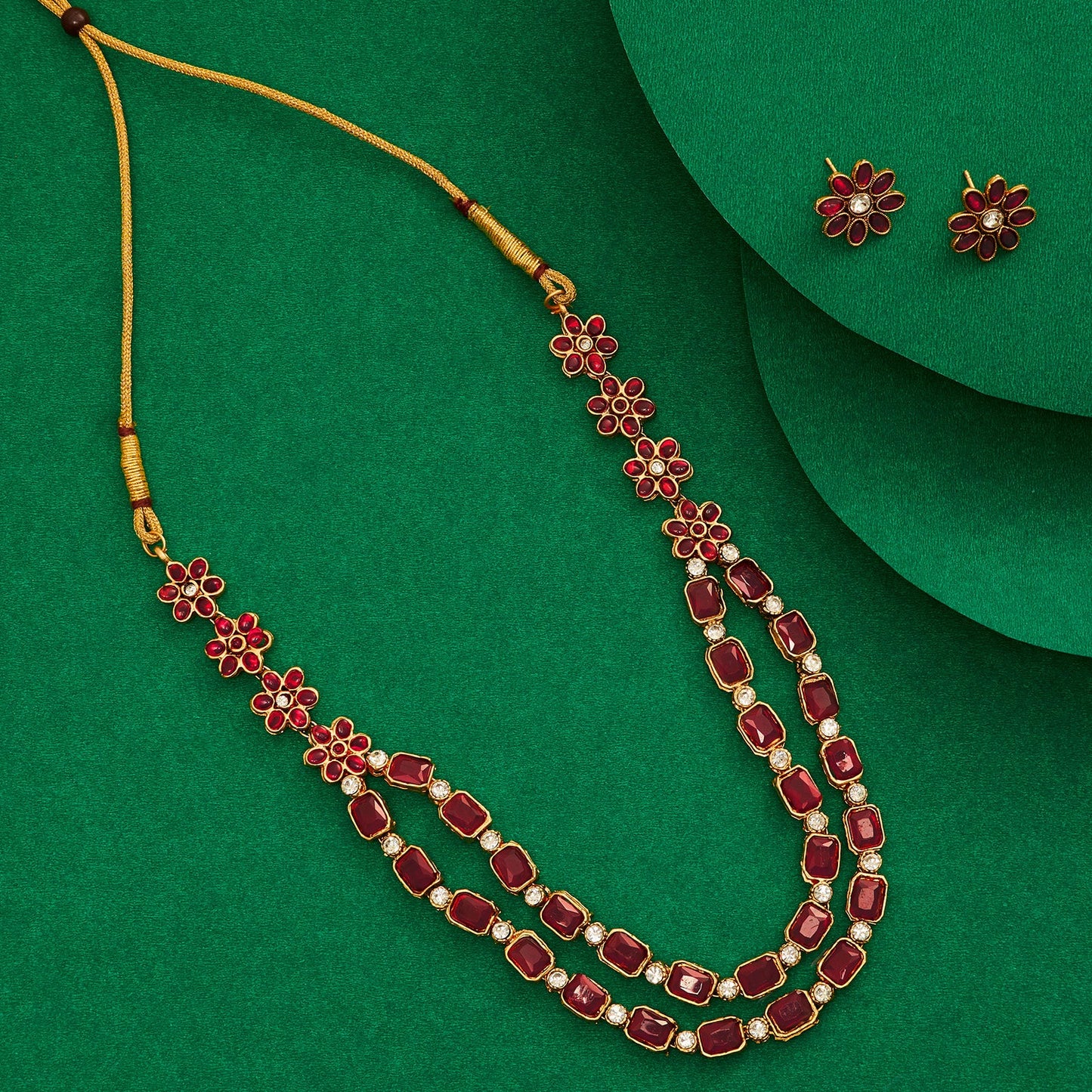 Teejh Ishanya Gold Finish Red Necklace Set