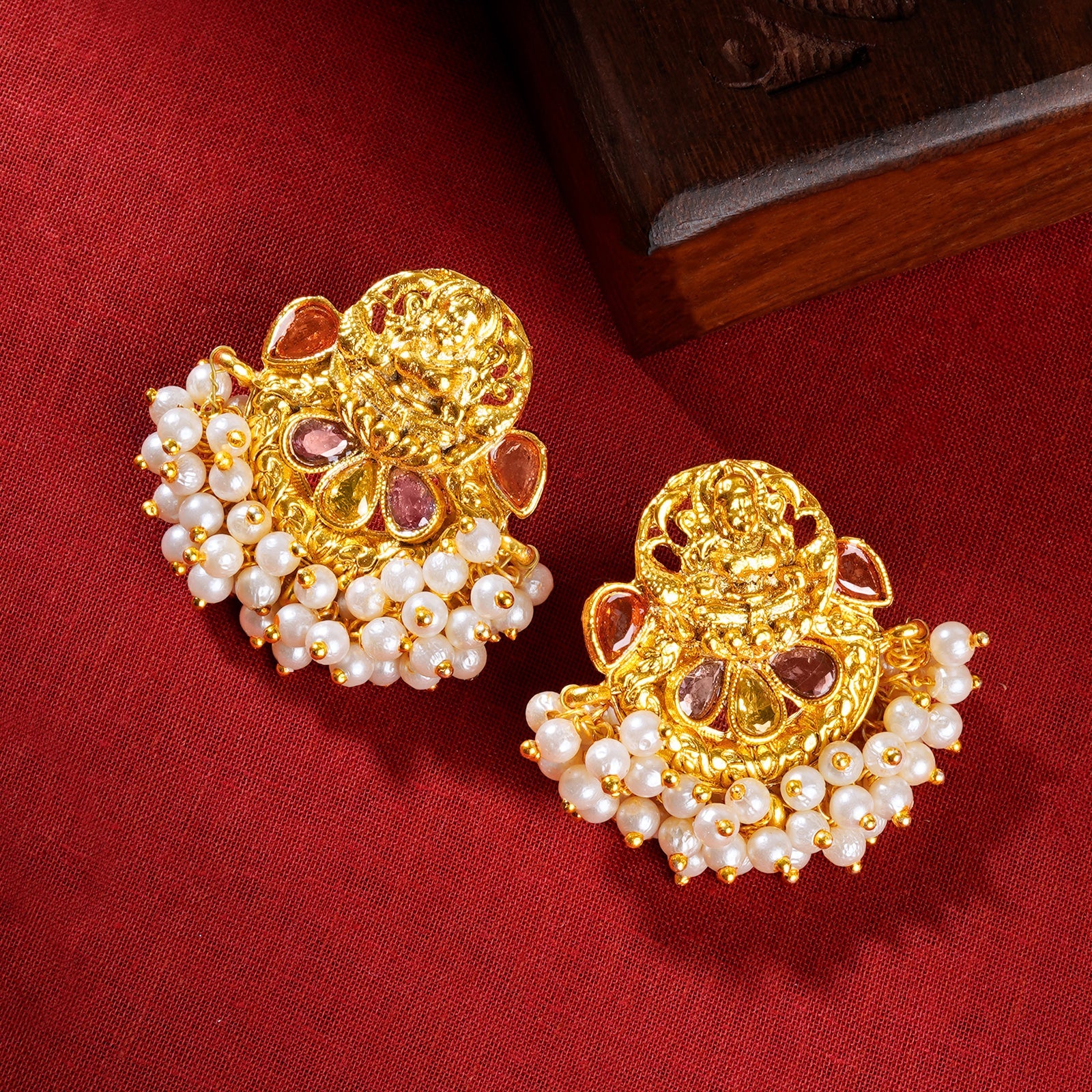 Teejh Aaranya Gold Red Antique Gold Earrings