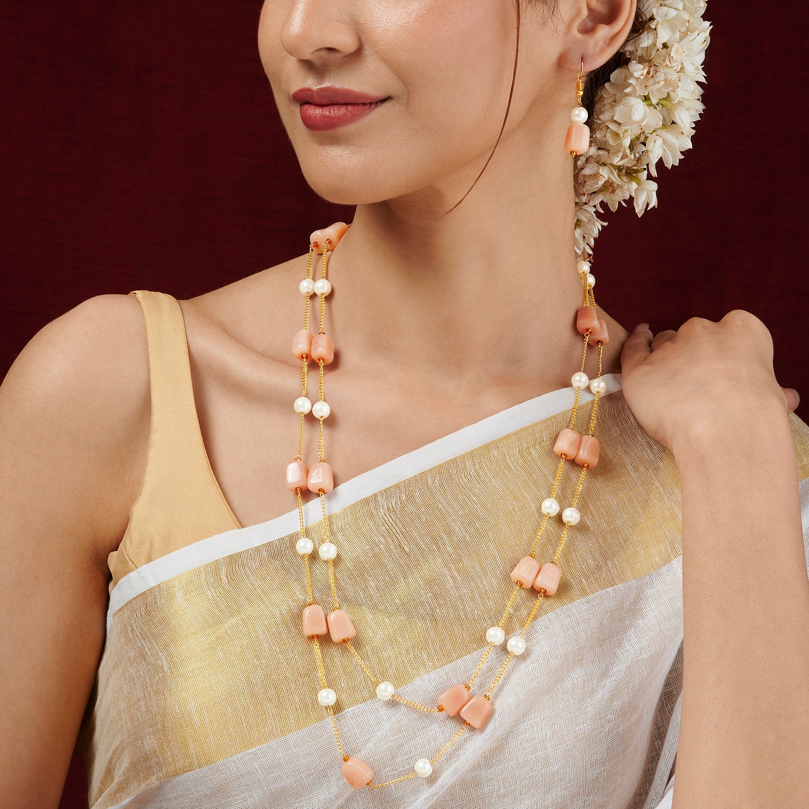 Teejh Drashti Peach Beaded Necklace Set