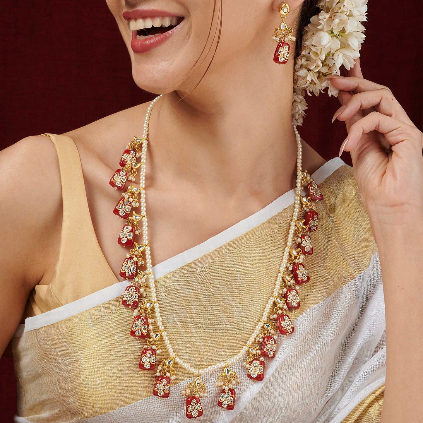 Teejh Idhika Maroon Beaded Necklace Set