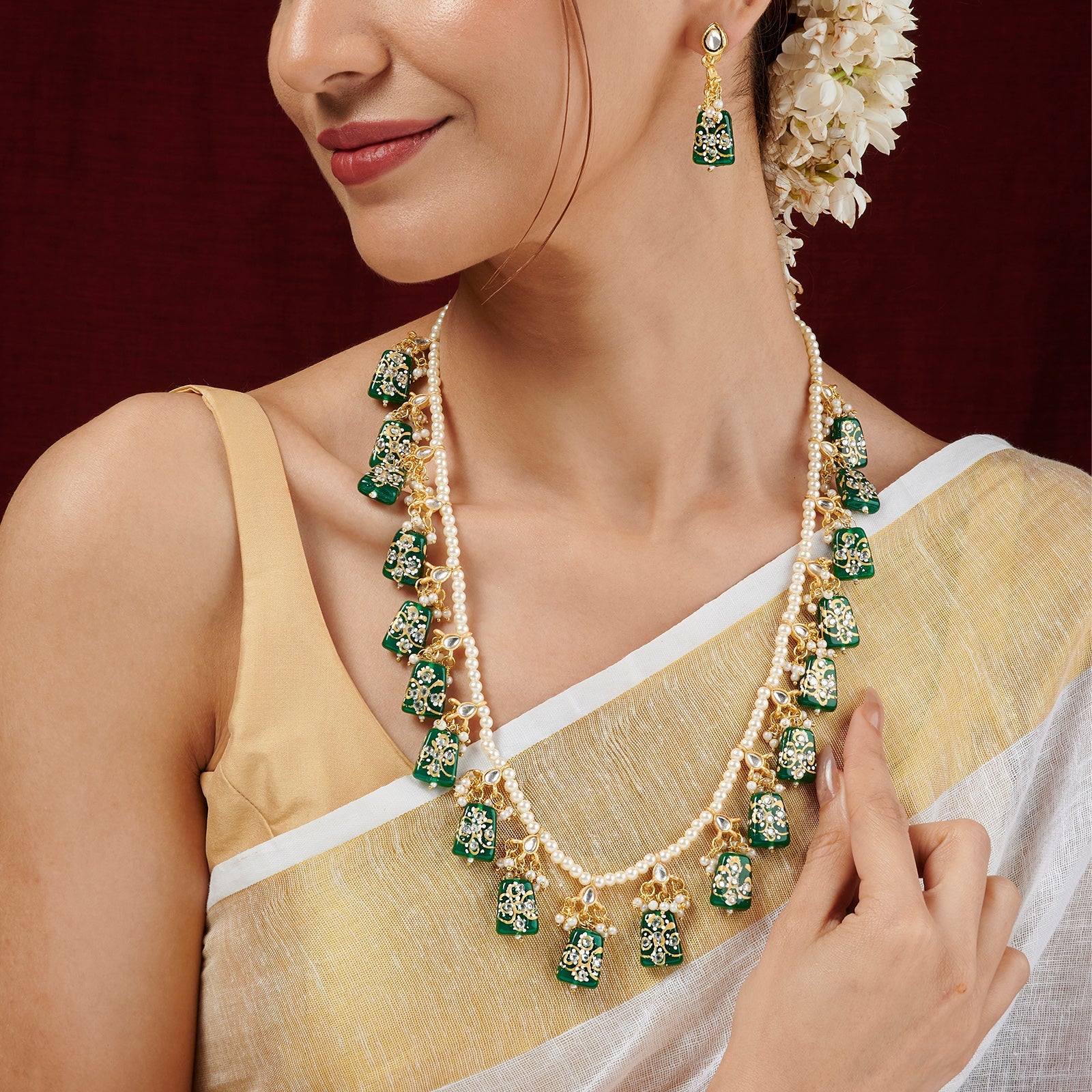 Teejh Idhika Green Beaded Necklace Set